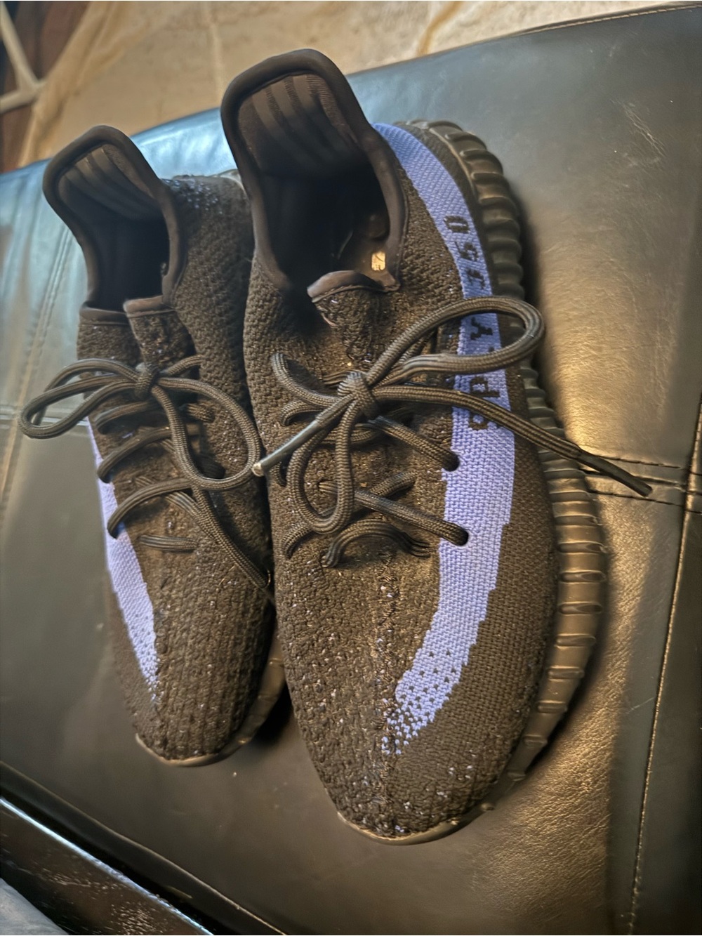 Yeezy Men's Black Sneakers with Purple Stripe